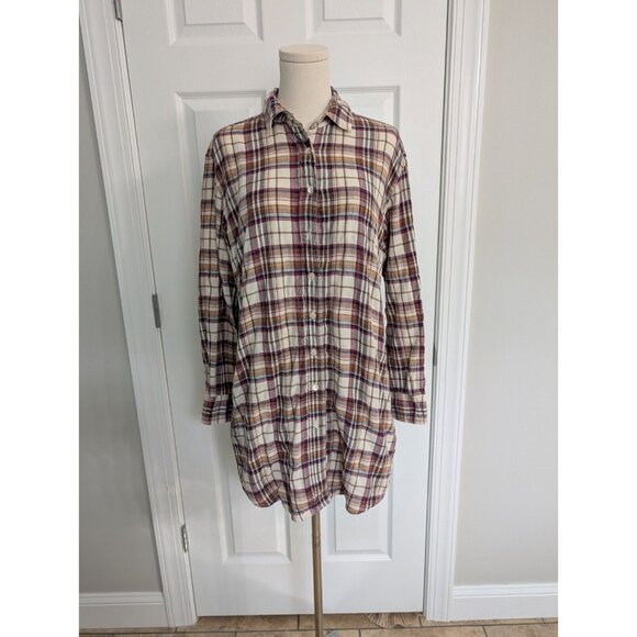 ORGANIC By John Patrick Tunic Button Down Shirt Dress Red Blue Plaid S Small - Picture 1 of 13